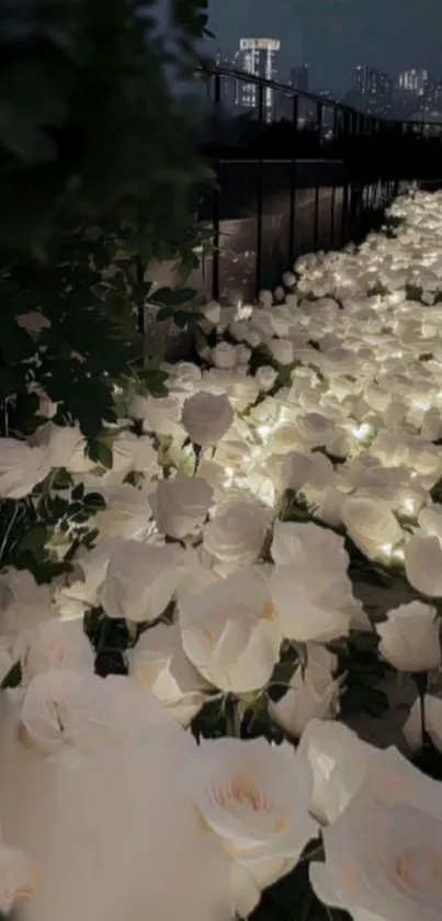 Glowing white roses illuminate a serene night garden pathway.