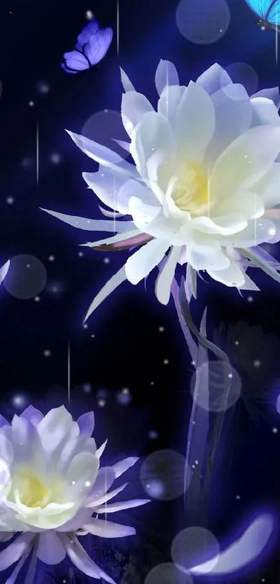 Elegant night lotus wallpaper with blue butterflies and dark background.