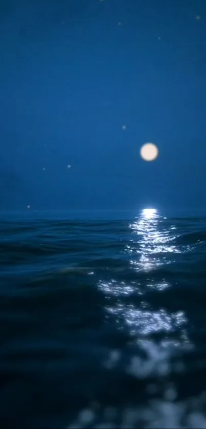 Tranquil night ocean with moonlit waves and starlit sky.