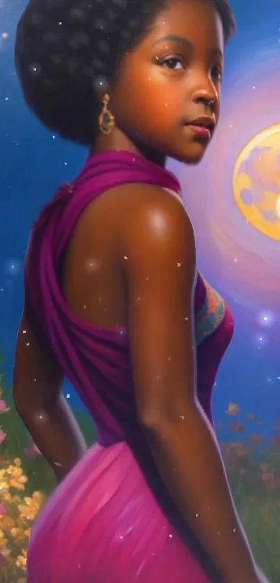 Elegant woman in purple dress under a glowing moon.