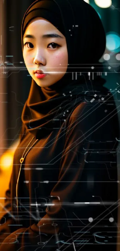 Elegant portrait of a woman in a black hijab at night.