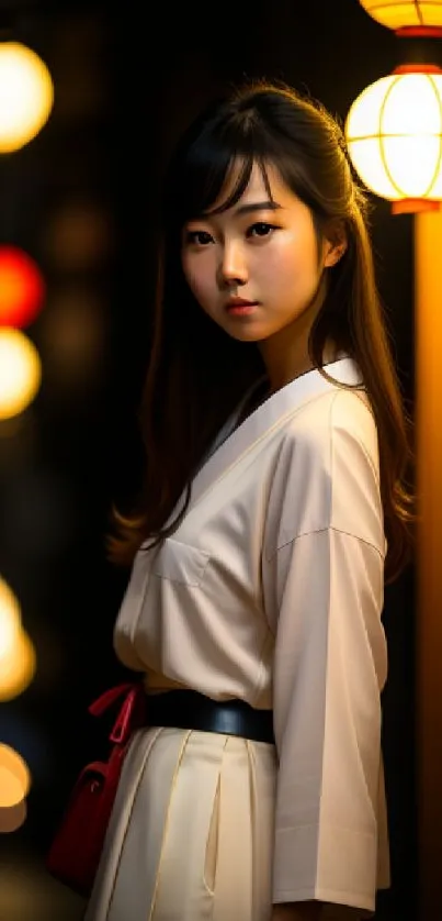 Elegant night portrait with lantern lights.