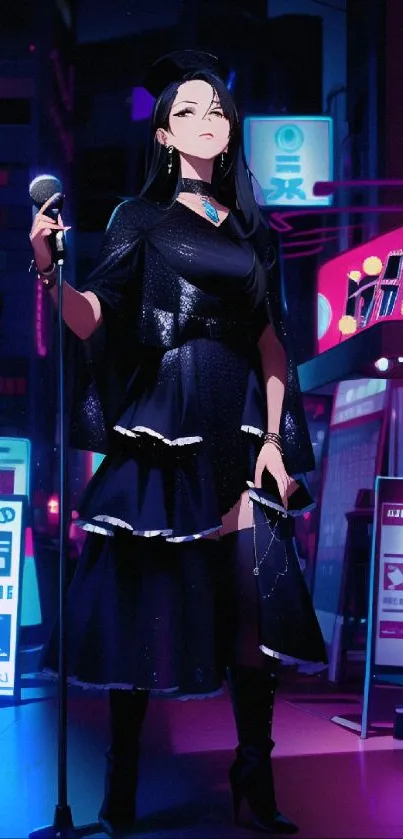 Anime singer in neon-lit cityscape wallpaper.