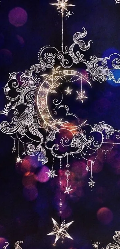 Intricate celestial wallpaper with moon and stars on deep purple background.