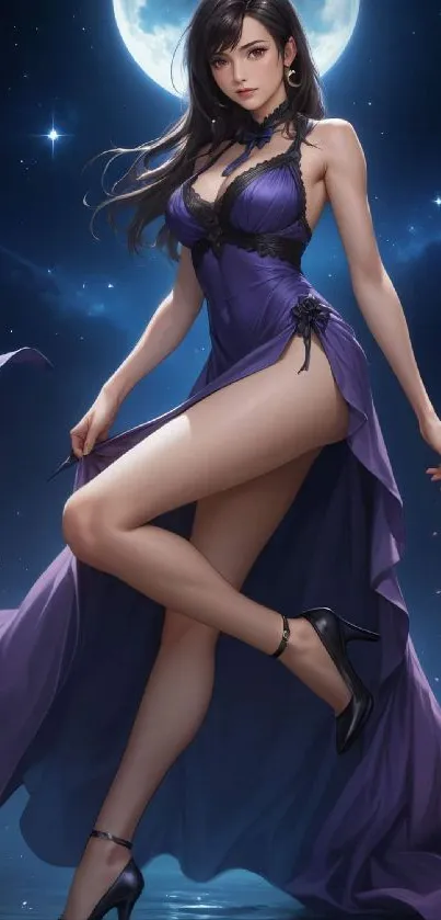 Elegant woman in purple gown under moonlit night sky as digital wallpaper.