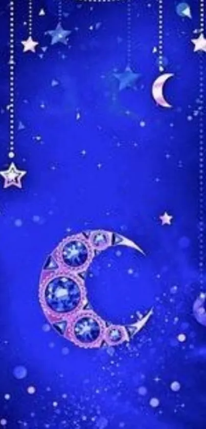 Blue night sky wallpaper with jeweled crescent moon and stars.