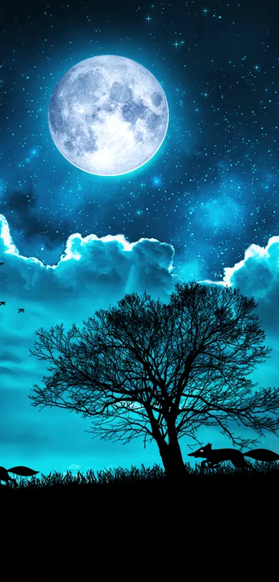 Silhouette of a tree under a bright moonlit sky with stars.