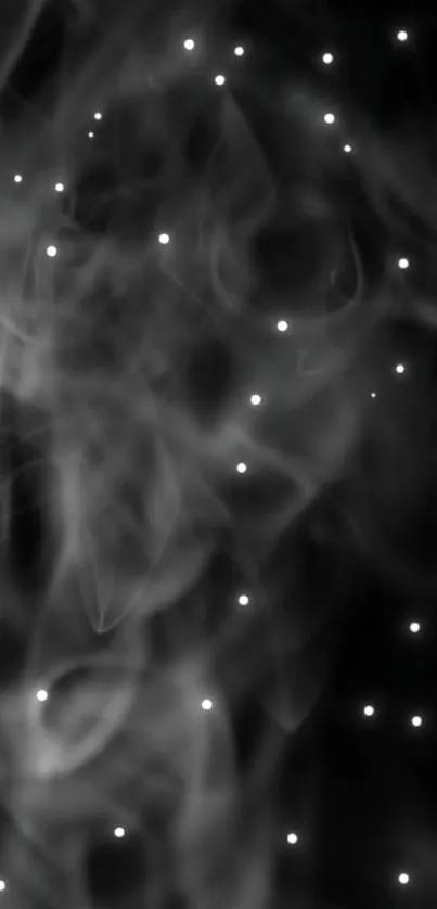 Black and white smoke with glowing stars mobile wallpaper.