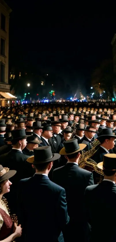 Elegant evening street procession with hats.