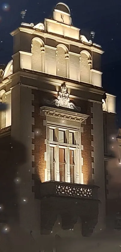 Night view of an illuminated building with classic architecture.