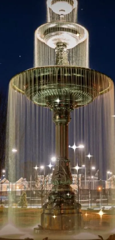 Nighttime view of a lit fountain against a dark blue sky.