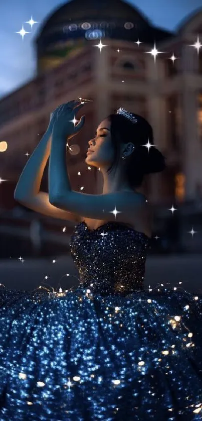 Princess in midnight-blue gown with lights in front of a grand building at night.