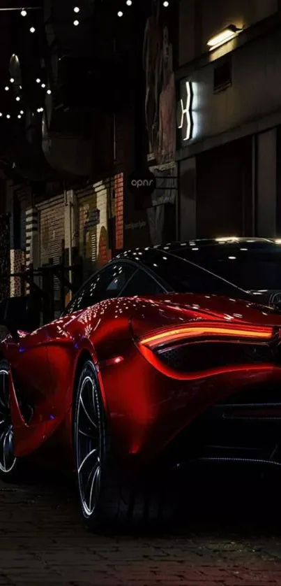 Sleek red supercar in nighttime urban scene with street lights.