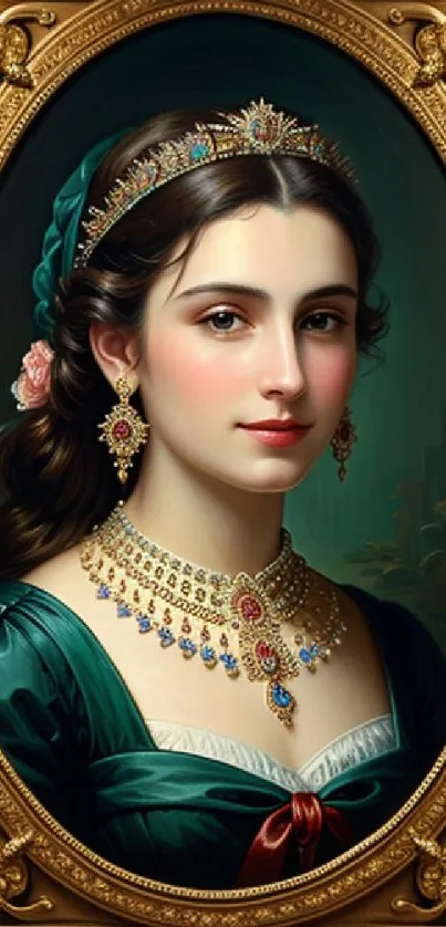 Elegant noblewoman portrait in vintage frame with ornate jewelry and teal dress.