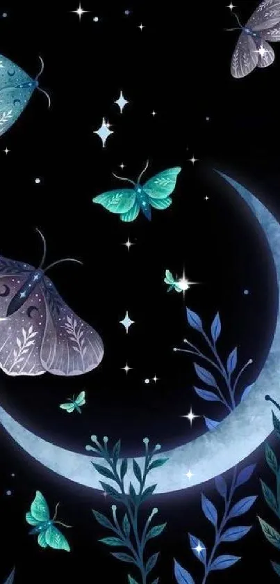 Elegant mobile wallpaper with moon and butterflies on a dark night background.