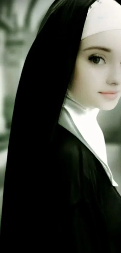 Elegant digital artwork of a nun in black attire.