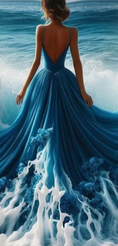 Woman in a blue dress merging with ocean waves in a fantasy artwork.