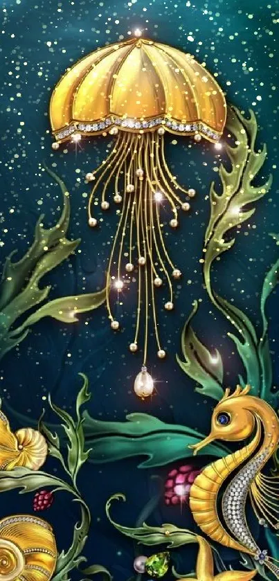 Elegant mobile wallpaper with golden jellyfish and seahorse.