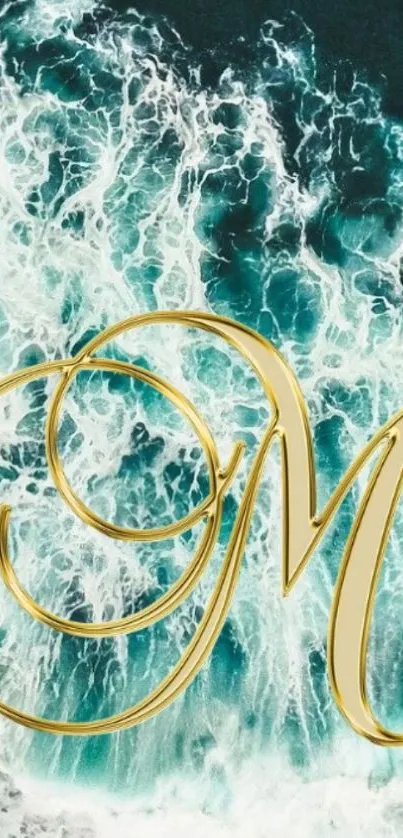 Teal ocean waves with a gold monogram on mobile wallpaper.