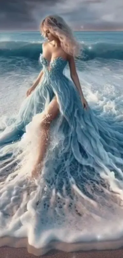 Elegant woman in oceanic dress on the beach, fantasy art.