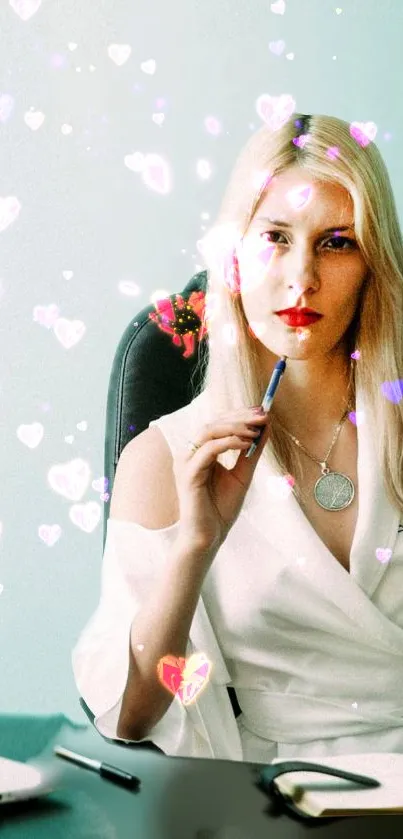 Stylish woman in office with heart lights wallpaper.