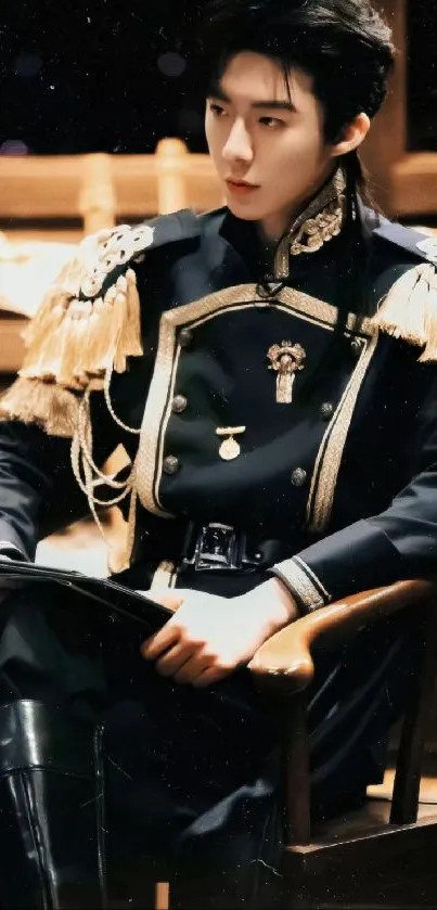 Elegant officer in a black uniform seated pensively in a vintage setting.