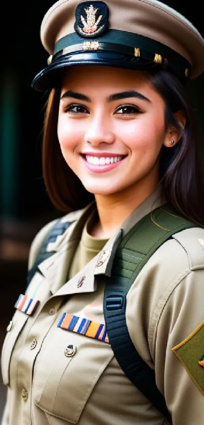 Mobile wallpaper showing a woman in a sleek officer's uniform with a confident smile.