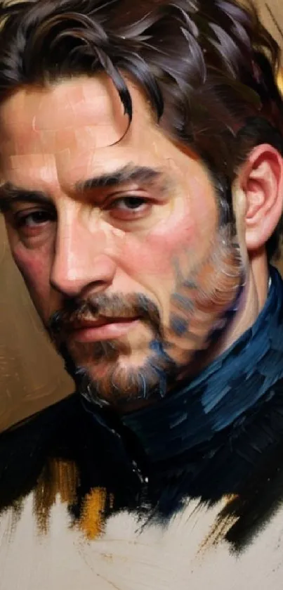 Oil painting portrait of a contemplative man with a textured and classic look.