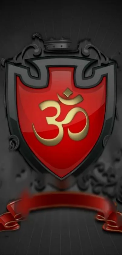 Elegant red Om symbol on a decorative shield background.