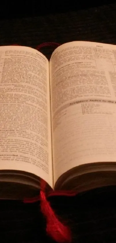 Open book with red bookmark on a dark background.