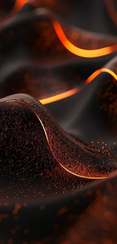 Abstract wallpaper with glowing orange lines on black waves.