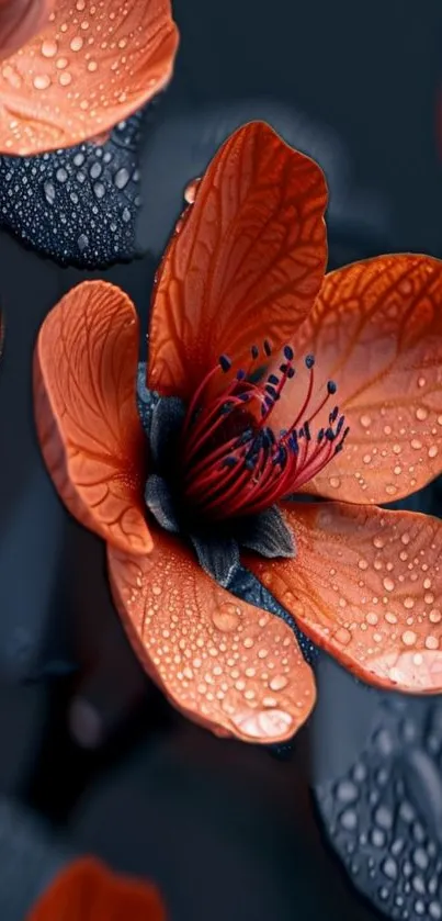 Close-up of orange flower with dew drops on petals.