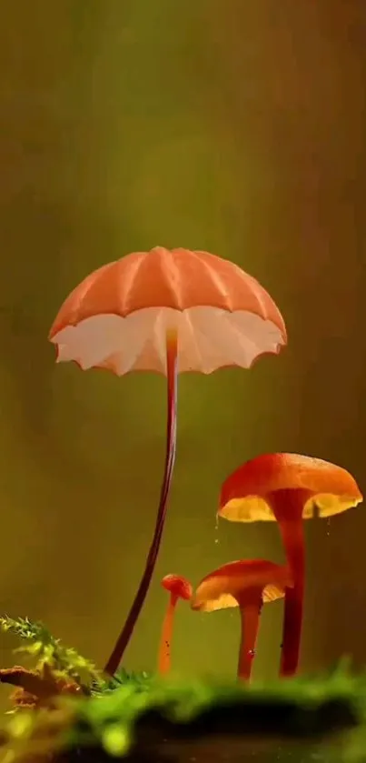 Elegant forest mushrooms with orange caps in a lush, green background.