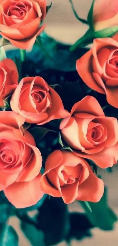 Elegant bouquet of orange roses with dark green leaves.