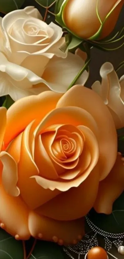 Elegant wallpaper with orange and cream roses on mobile.