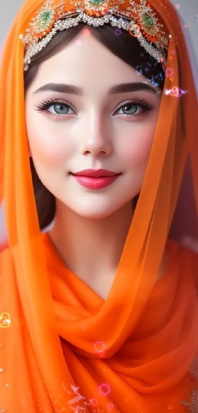 Woman with orange veil and ornate headpiece.