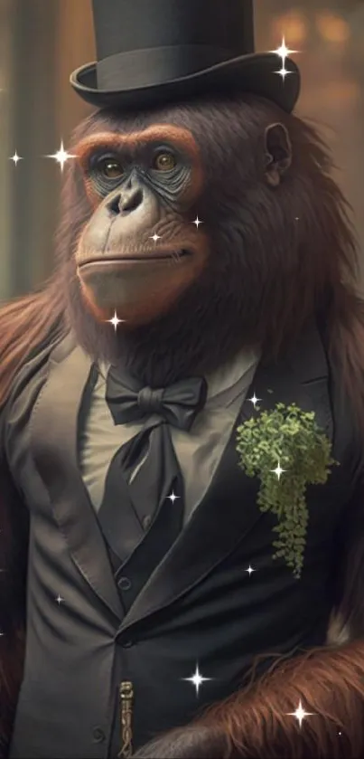 Orangutan in a tuxedo with top hat, exuding elegance and humor.