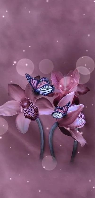 Orchid and butterfly wallpaper in pink tones.