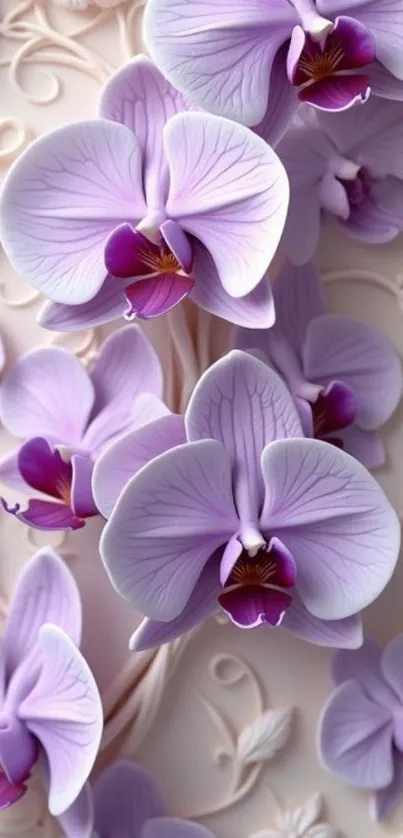 Purple orchids with intricate details on a decorative background.