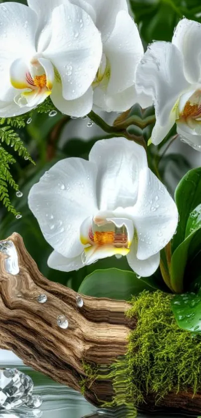 White orchids and green leaves arrangement with dew.