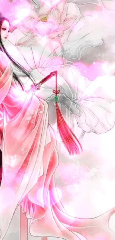 Elegant Oriental art wallpaper with floral motifs and pink shades.