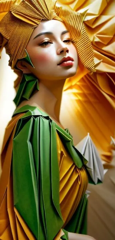 Elegant origami fashion wallpaper with vibrant yellow and green hues.