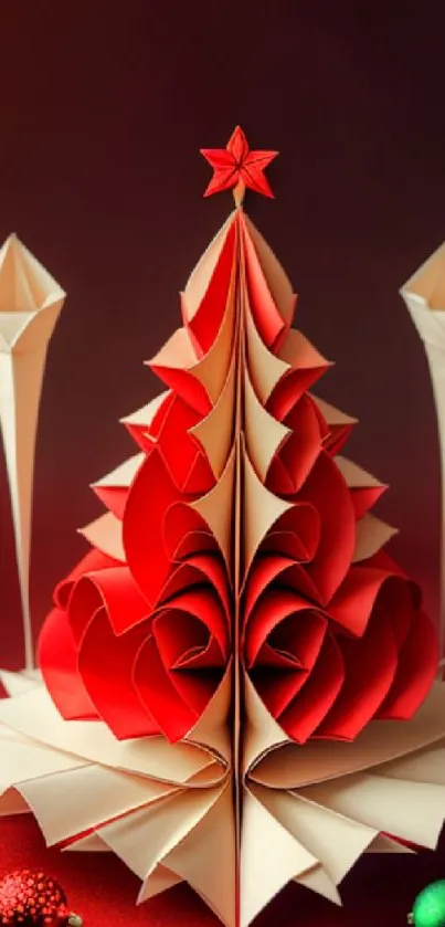 Elegant origami Christmas tree in red and white paper design.