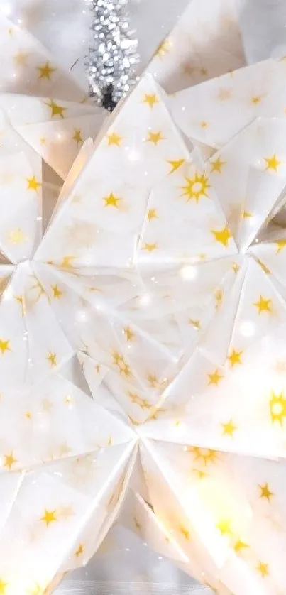 Glowing origami star with sparkling white background.