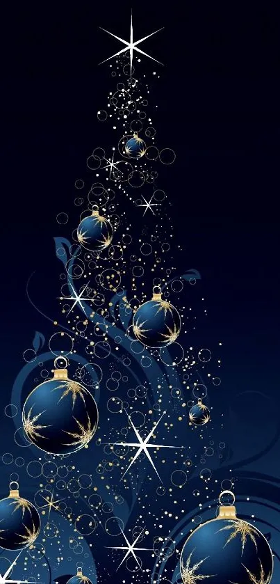 Elegant Christmas tree with blue ornaments on dark blue background.