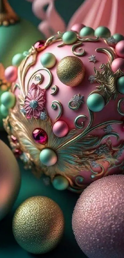 Elegant festive ornament design with pink, gold, and green hues.