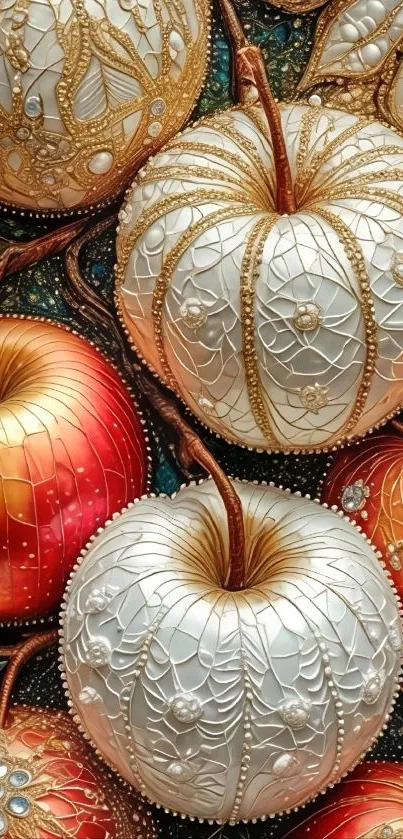 Intricate gold and white ornamental apples artwork.
