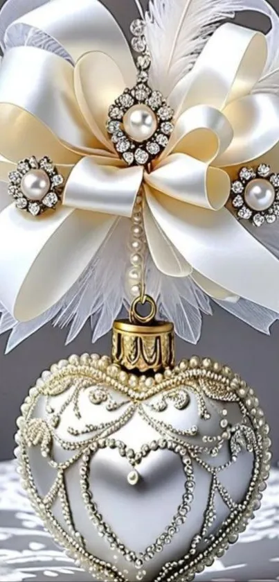 Elegant heart ornament with pearls and ribbon.