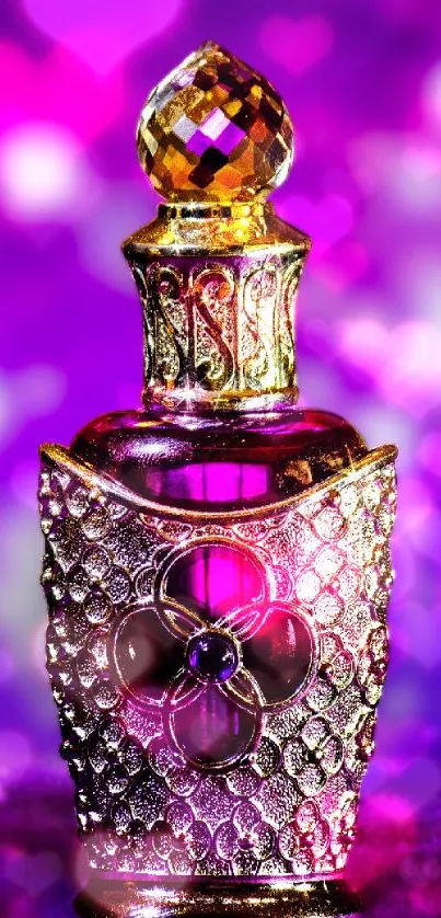 Ornamental perfume bottle with purple background.