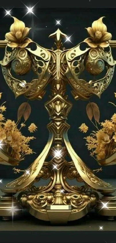 Luxurious golden balance scale with ornate floral design in mobile wallpaper.